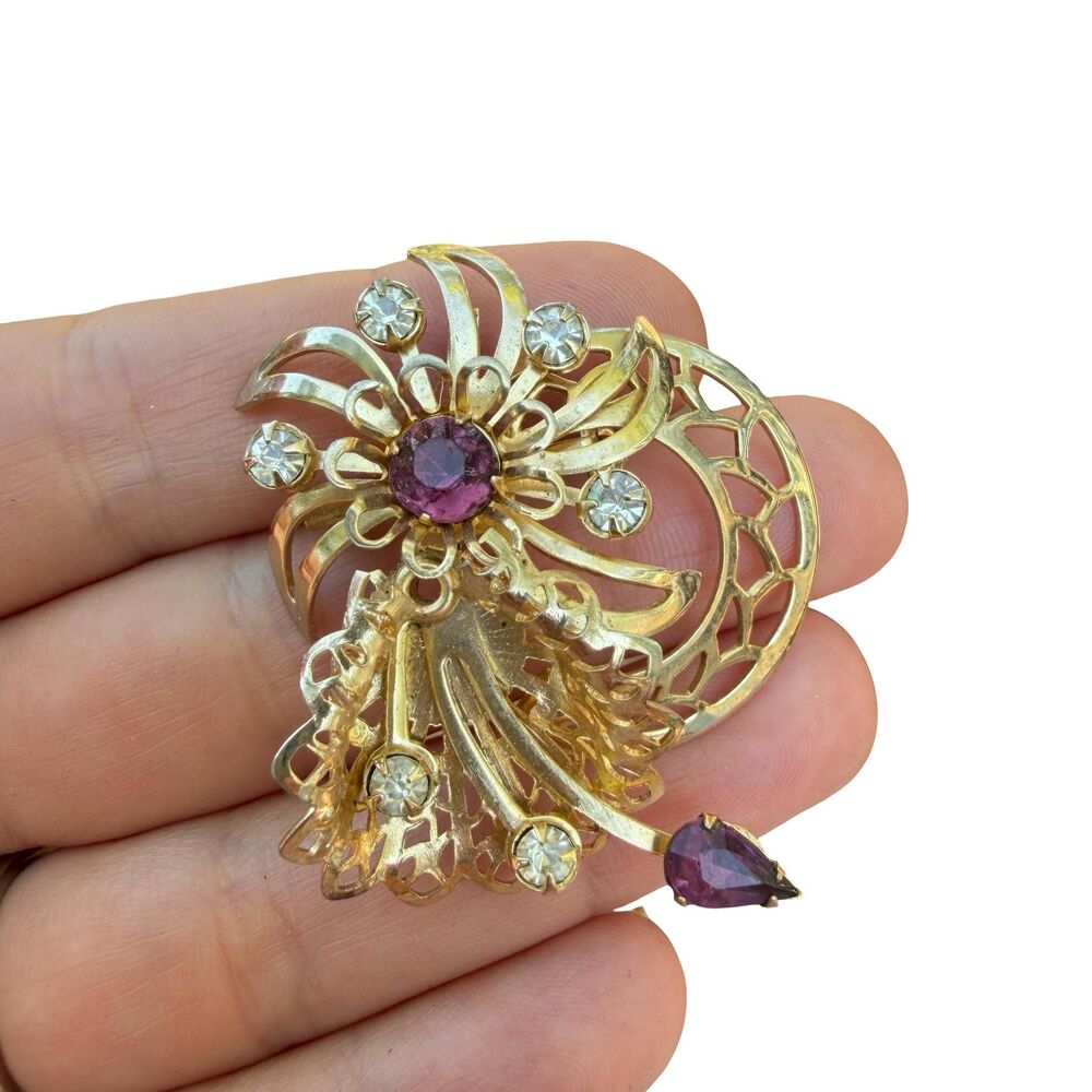 Vintage Gold Tone Brooch with Purple Rhinestones Purple and Gold Pin